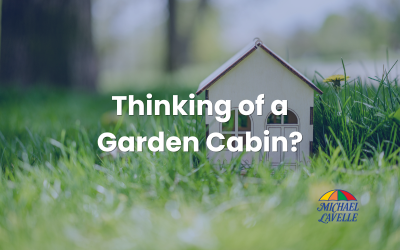 Garden Cabin Rules 2026: A Louth Homeowner's Guide - Thinking of a garden cabin text - small cabin on grass with Michael lavelle Estate Agents logo